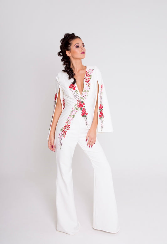 Cream Floral embroidered Jump Suit