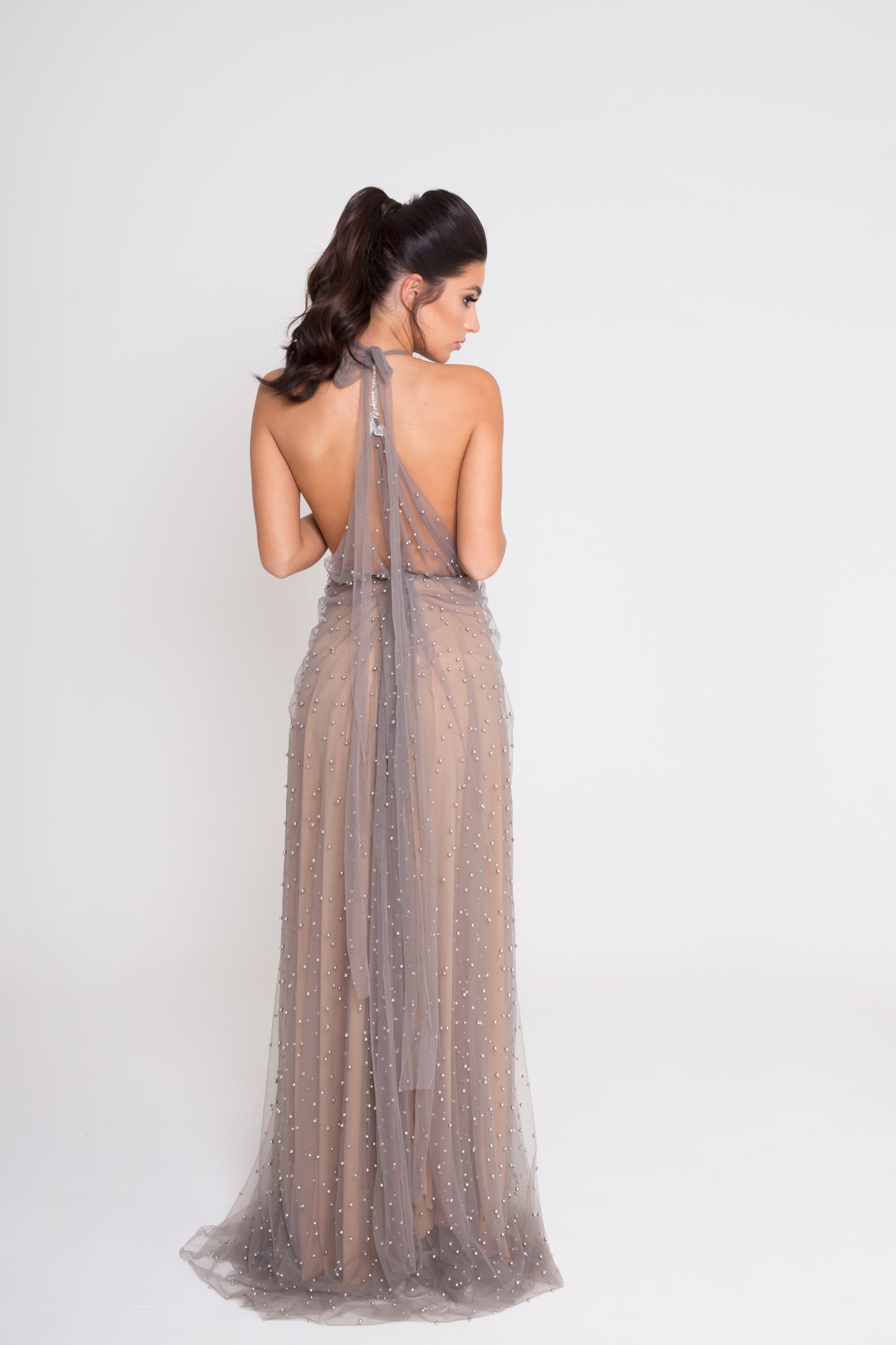 Grey pearl embellished tulle Gown