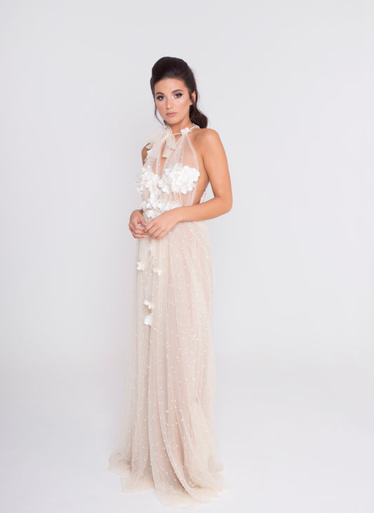 Cream pearl and diamond embellished tulle Gown