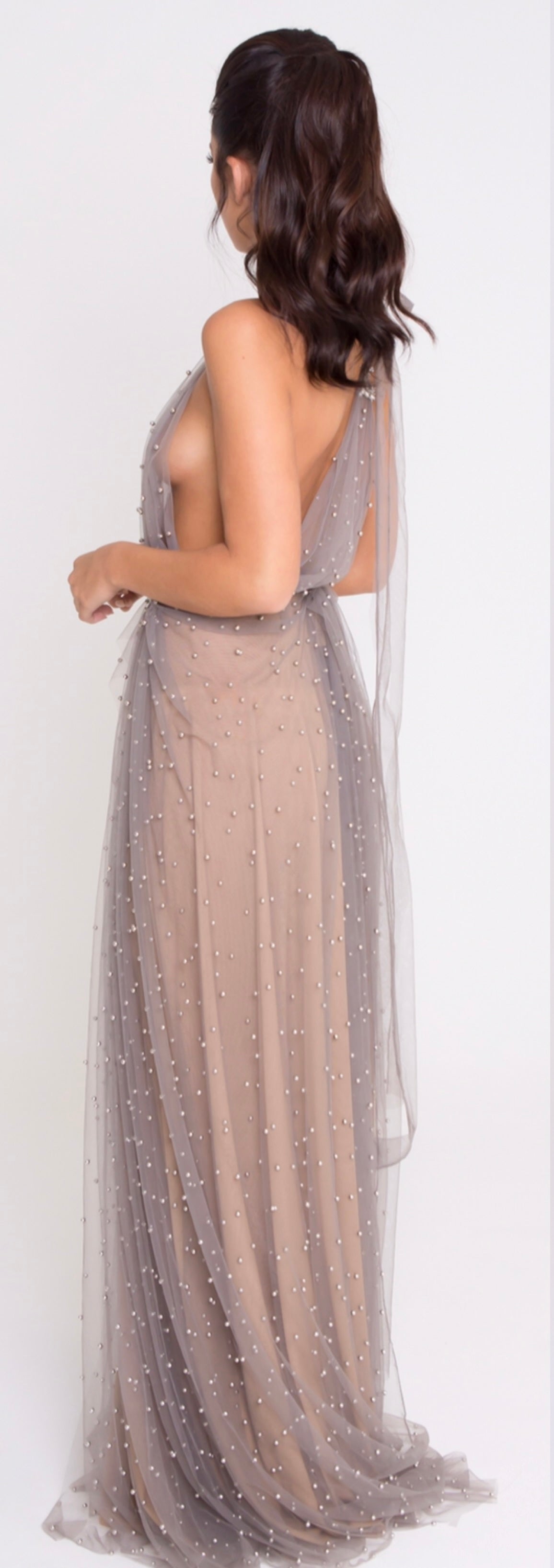 Grey pearl embellished tulle Gown